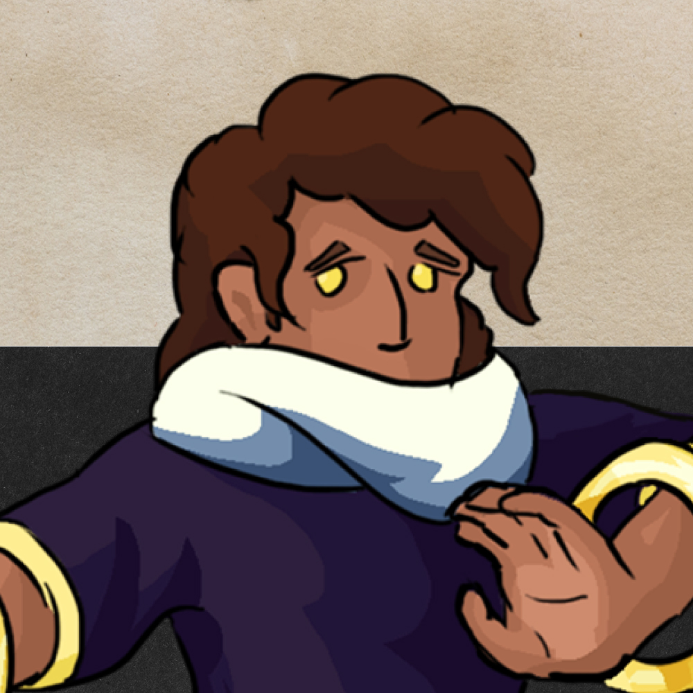 illustrated headshot of humanoid character with long brown hair, glowing yellow eyes, purple cloak and glowing gold rings around their arms